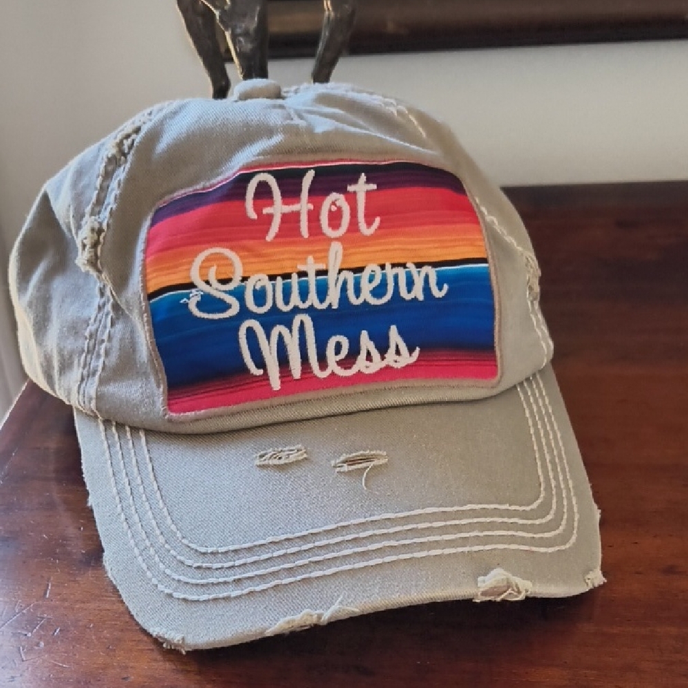 Tan Distressed Cap with Colorful Patch